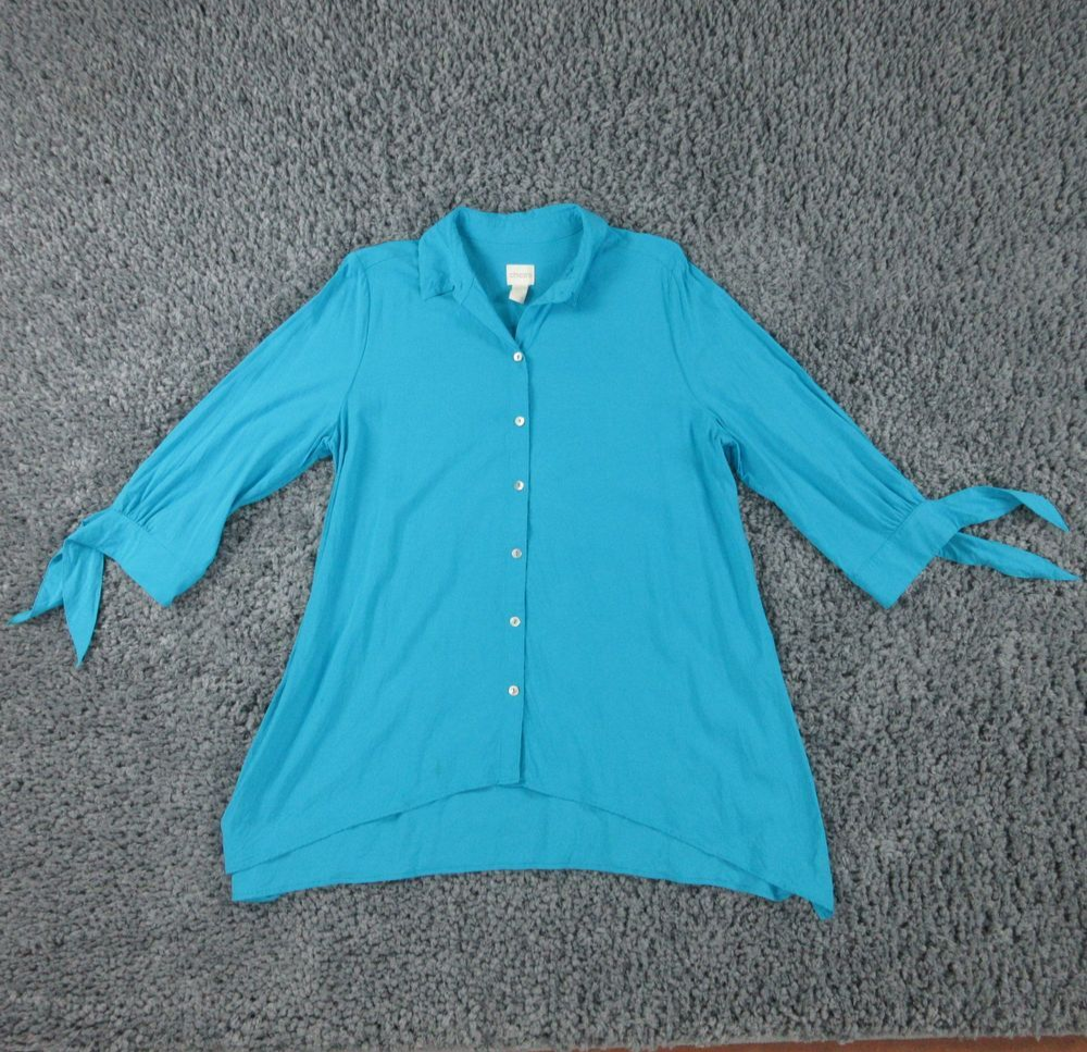 Chico's Shirt Womens 1 US 8 Blue Ties 3/4 Sleeve Button up '